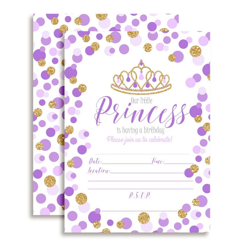 Amanda Creation Purple and Gold Glitter Polka Dot Princess Birthday Party Invitations for Girls, 20 5x7 Fill In Cards with Twenty White Envelopes by AmandaCreation - Image 1